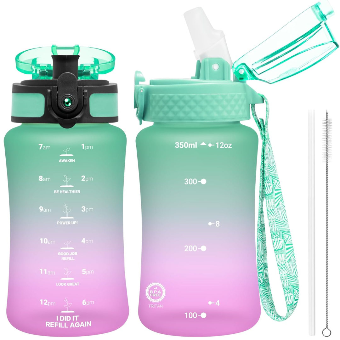 Stylish Tritan water bottle, reusable, features two lid types: a straw lid and a chug lid for all needs.