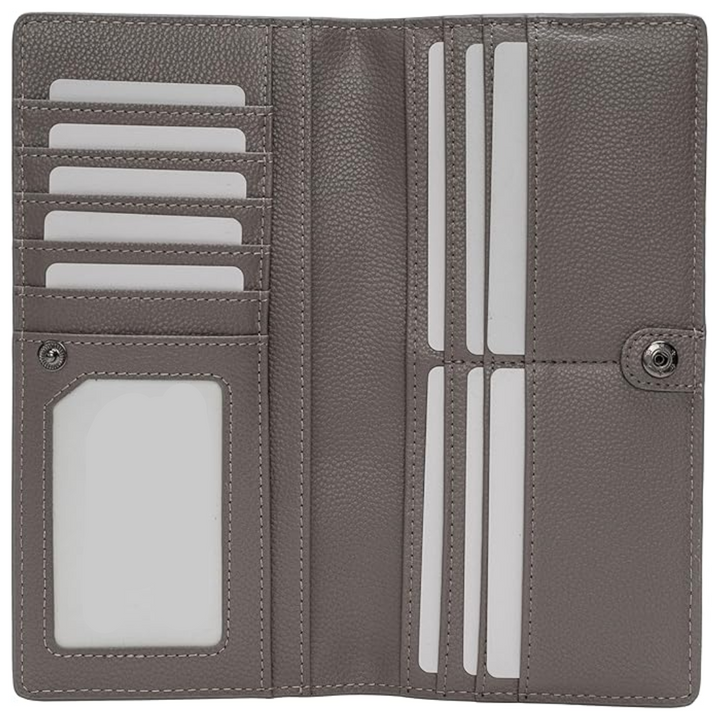 RFID protected black leather card holder on a wooden table, showcasing its premium material