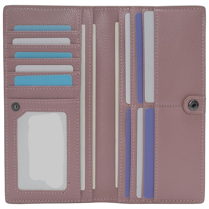 A hand holding a unisex slim brown leather wallet with RFID blocking technology, security focus