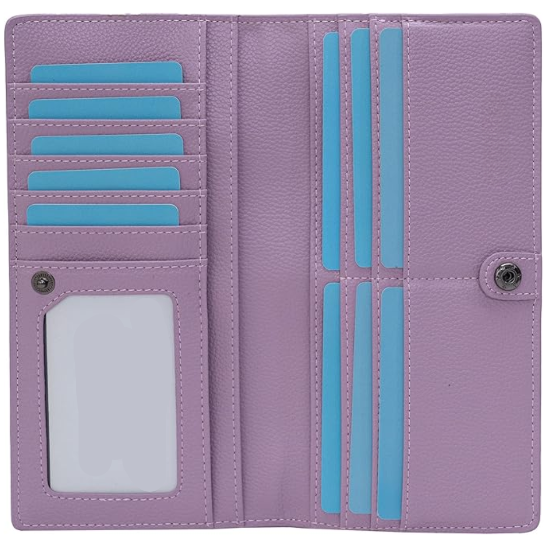 Close-up of the textured leather on a slim RFID blocking card wallet, durable and secure