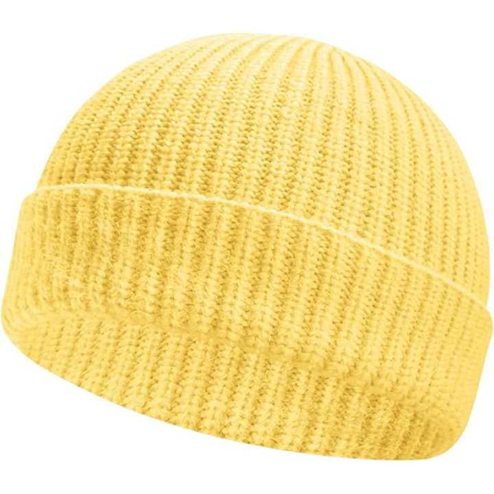 Model wearing Robin unisex knitted beanie hat with low cuff, comfortable winter fashion