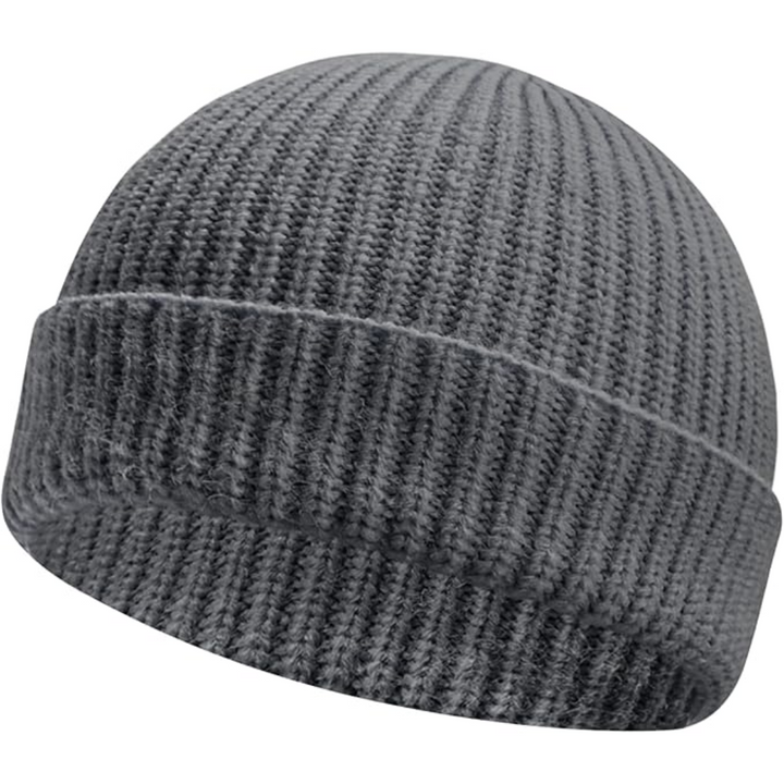 Folded Robin unisex knitted beanie, low cuff visible, compact and warm acrylic hat