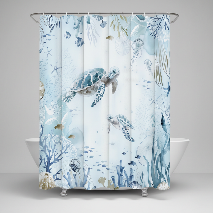 Waterproof TurtleDrift shower curtain with sea turtle design, coastal bathroom accent