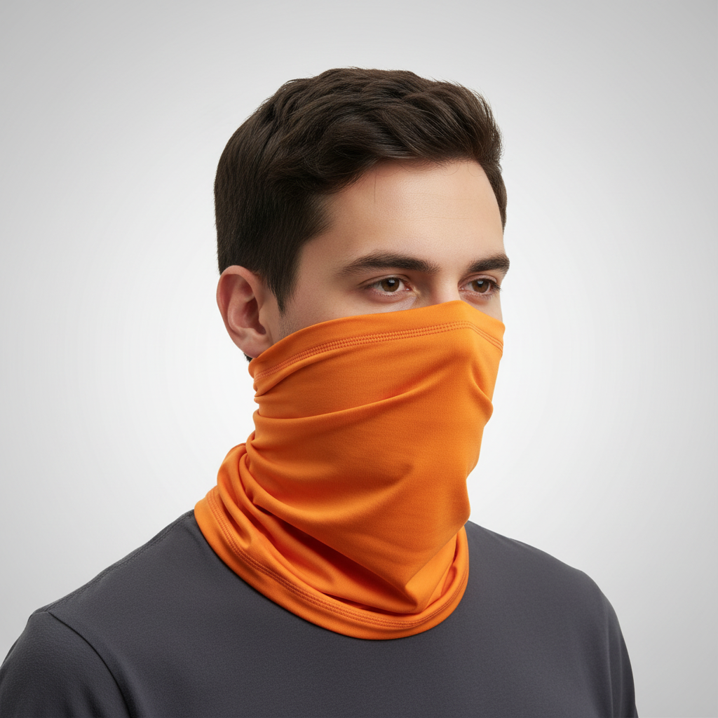 Unisex seamless red polyester neck warmer draped, showing its lightweight design and multi-functional use.