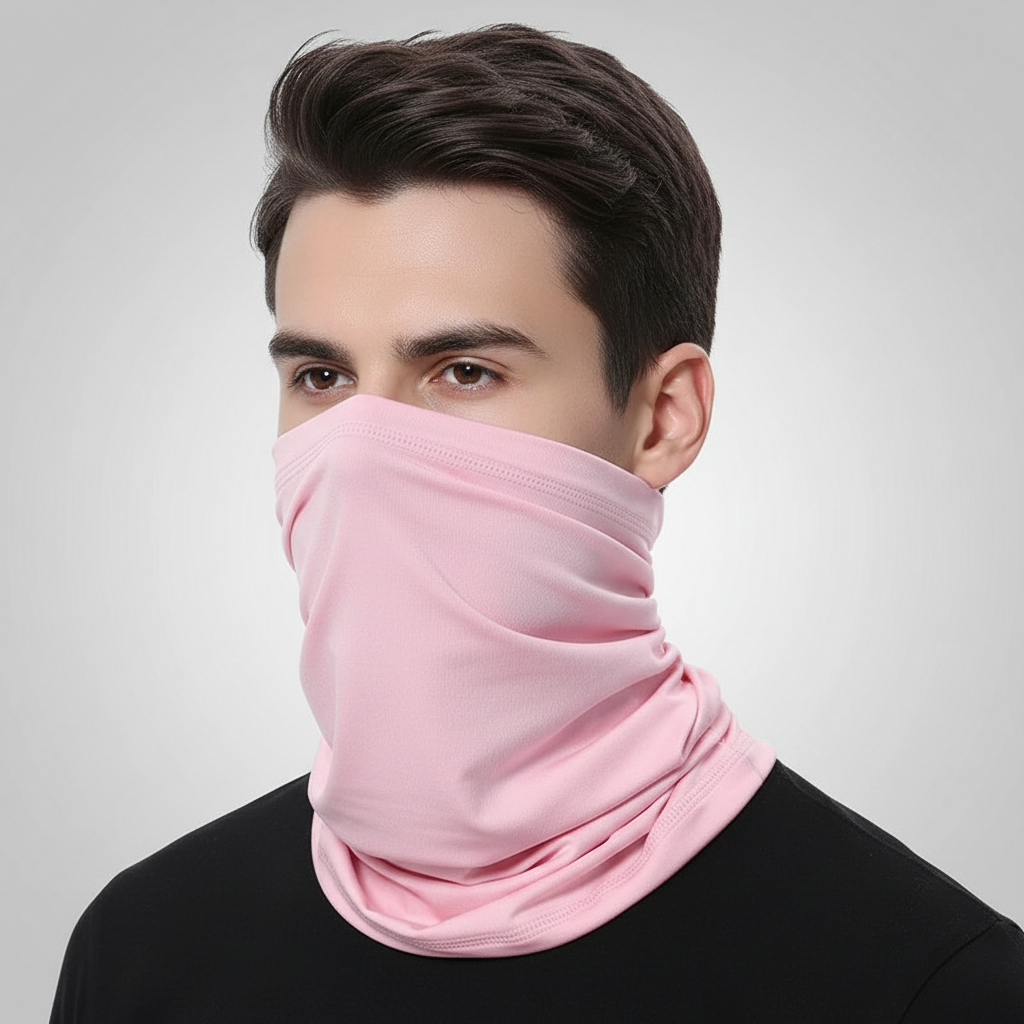 Model wearing a seamless green polyester tube scarf as a neck warmer, suitable for hiking and cycling.