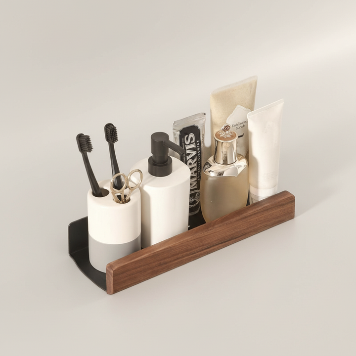 Stylish wood bathroom wall shelf, self-adhesive walnut storage solution, perfect for small spaces