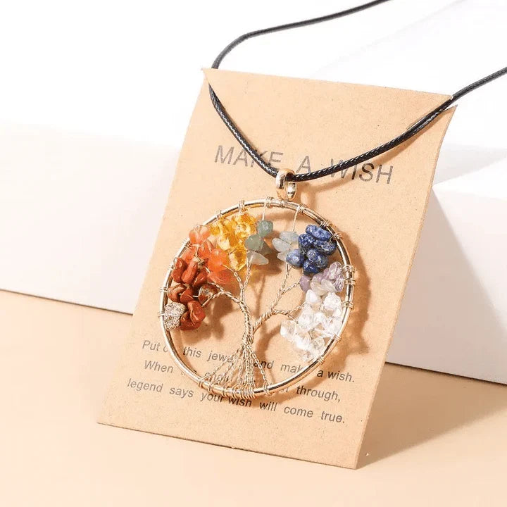 Unisex Seven Chakras Tree of Life necklace. Spiritual gemstone pendant for balance & harmony.