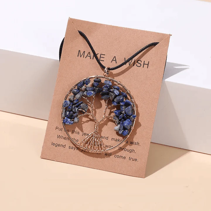 Unisex Tree of Life pendant necklace featuring vibrant seven chakra healing gemstones.