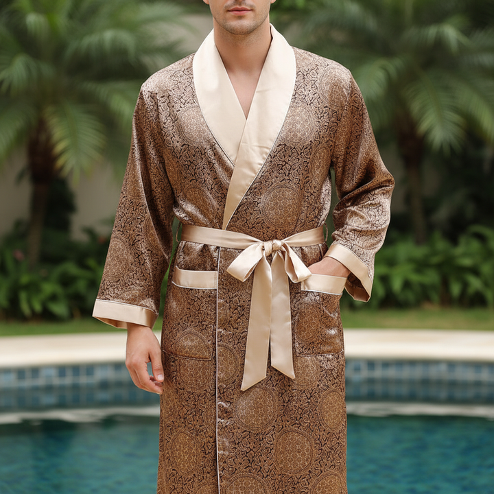 Unisex Silky Satin Bathrobe with Elegant Golden Pattern for luxurious loungewear
