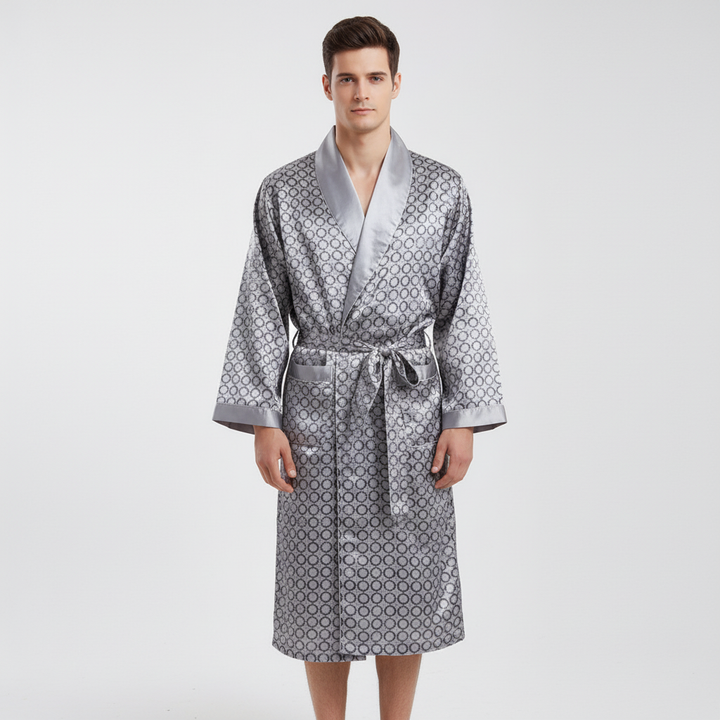 Comfortable unisex satin robe with refined golden pattern, excellent for home wear