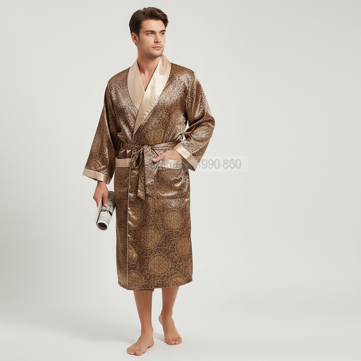 Soft, breathable Unisex Satin Bathrobe with sophisticated golden design