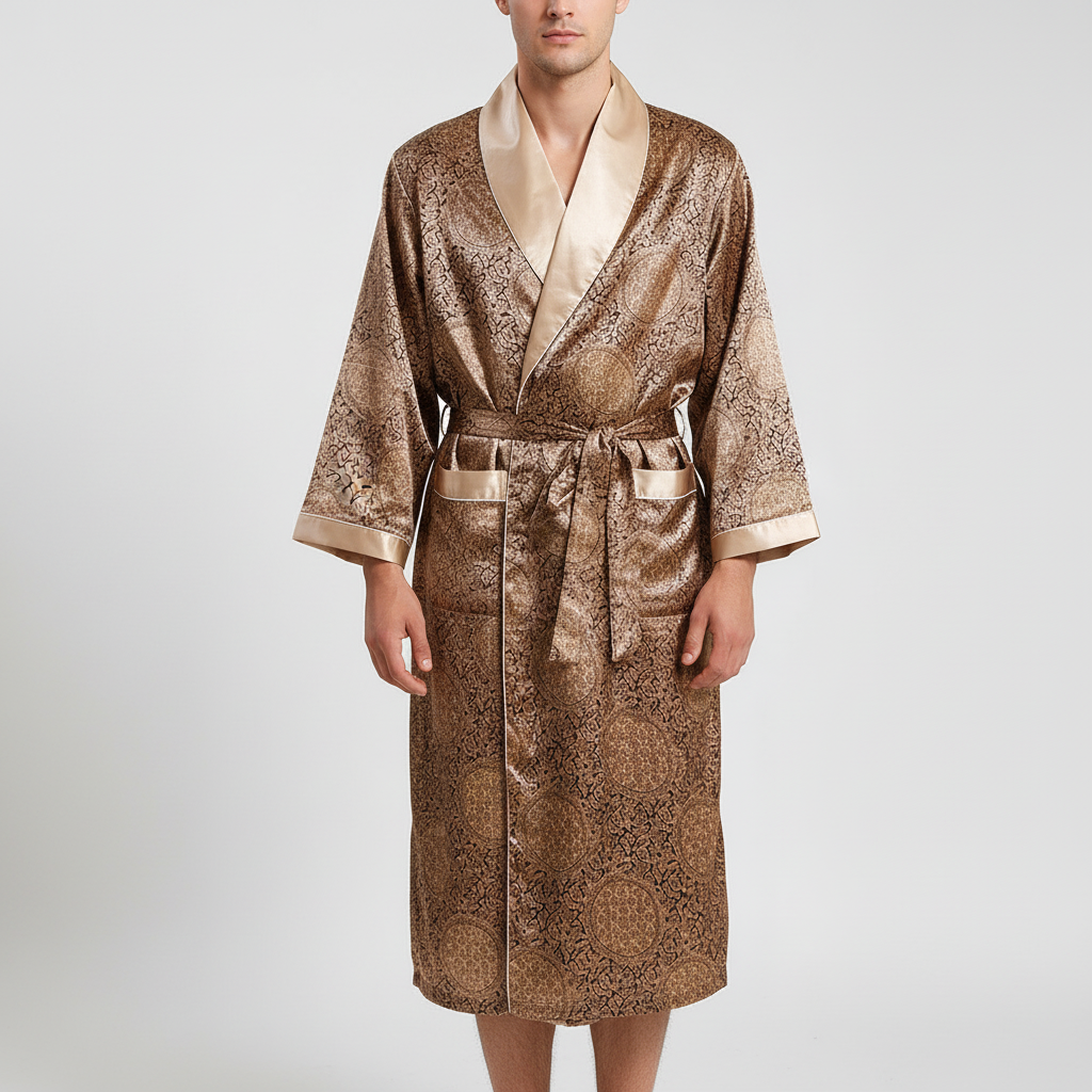 Comfortable men's & women's satin robe, elegant golden pattern, soft fabric