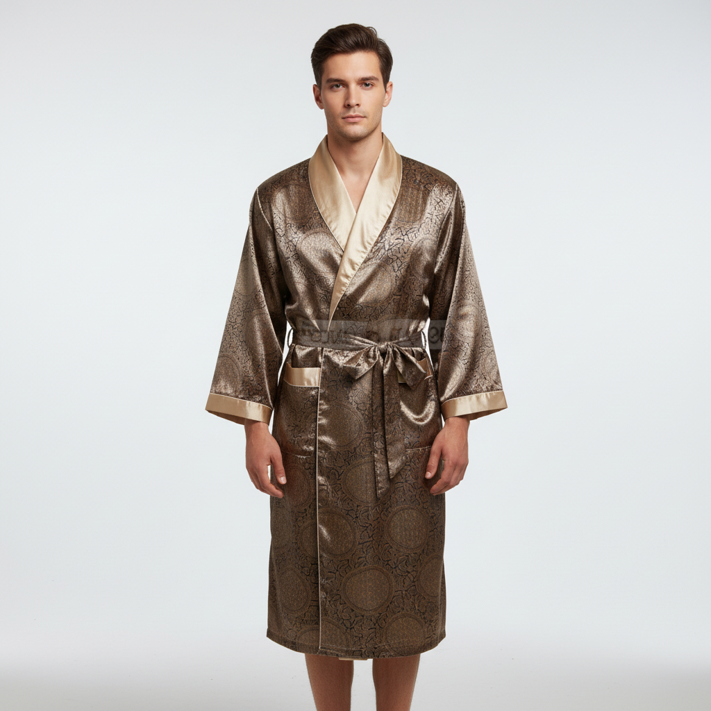 Unisex Silky Satin Robe, Golden Pattern, perfect for elegant sleepwear