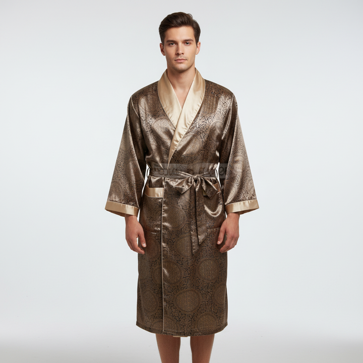 Unisex Silky Satin Robe, Golden Pattern, perfect for elegant sleepwear