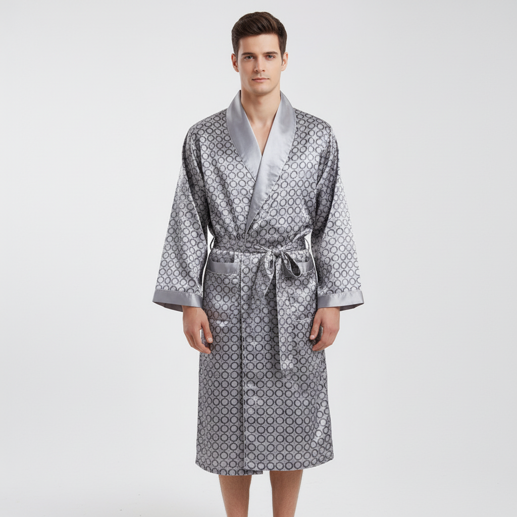 Sophisticated golden patterned unisex satin bathrobe, ultimate comfort