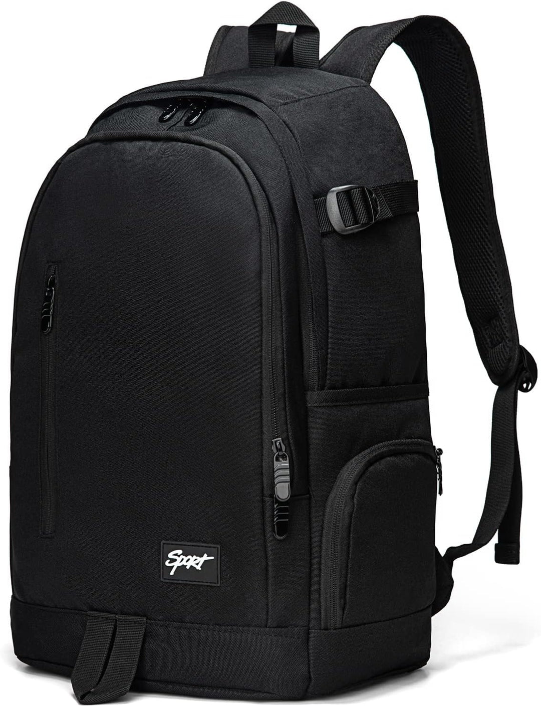 Close-up of the front pocket of a slim 15.6 inch laptop backpack, ideal for tech accessories