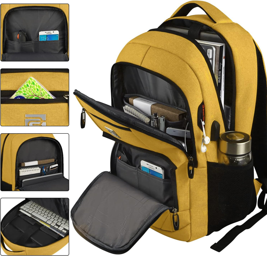 Open view of anti-theft laptop backpack showing multiple secure compartments & USB cable.