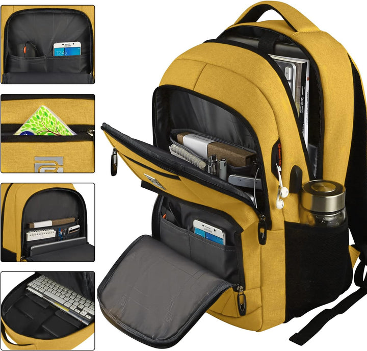 Open view of anti-theft laptop backpack showing multiple secure compartments & USB cable.