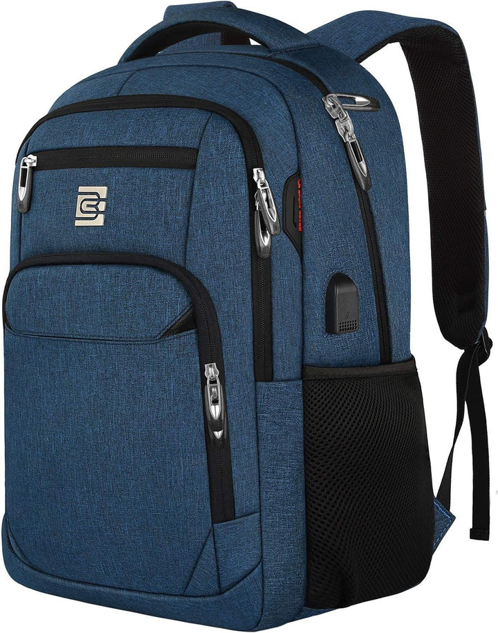 Back view of anti-theft laptop backpack, ergonomic straps, hidden pocket, USB charging port.