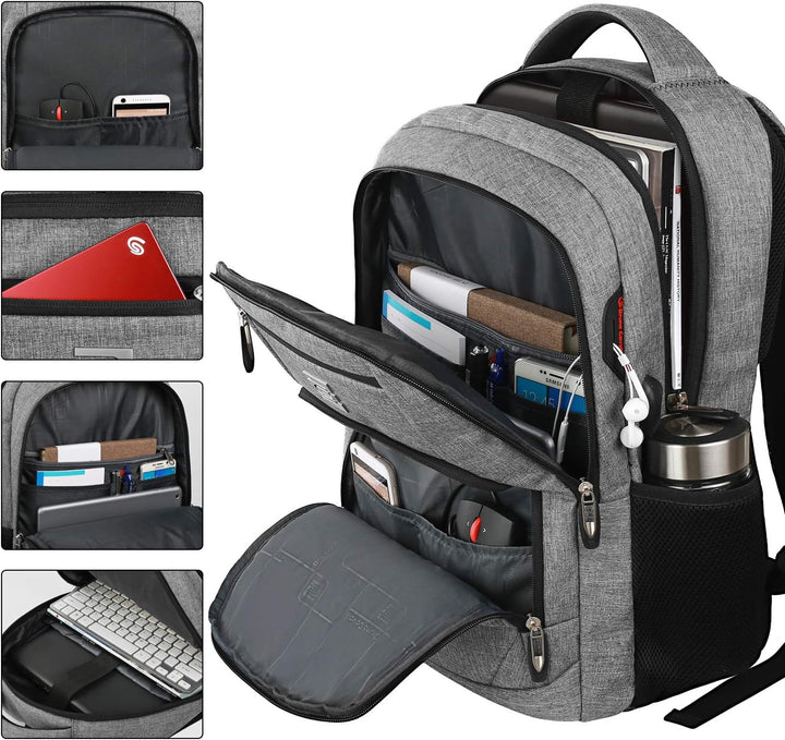 Front detail of anti-theft backpack, hidden zippers, reflective strip, USB port.