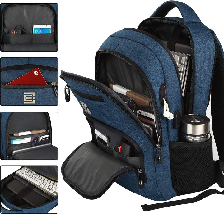 Laptop fitting snugly into the padded sleeve of an anti-theft backpack, ideal for students and professionals