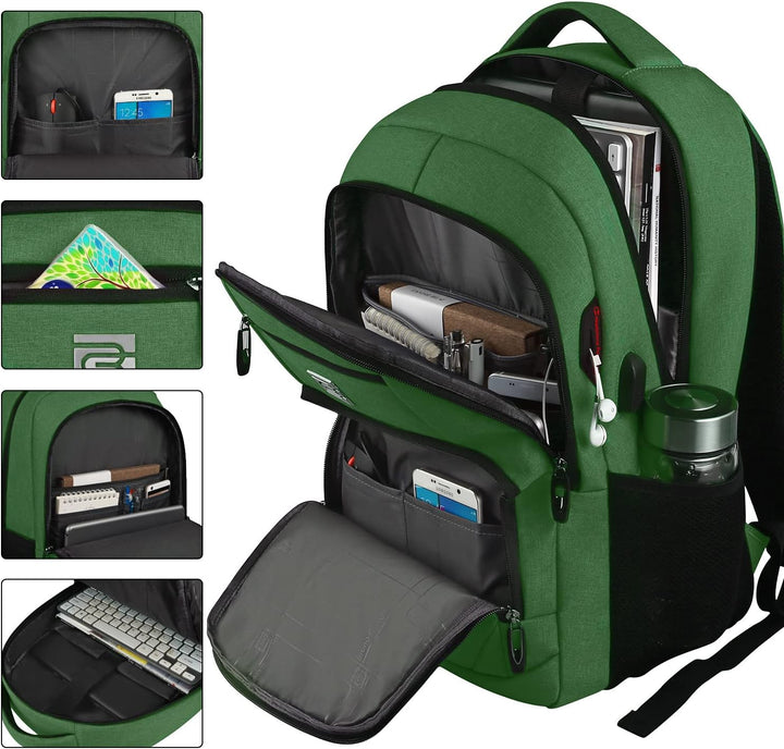 Sleek grey anti-theft laptop backpack, USB port, perfect for college students & office use.