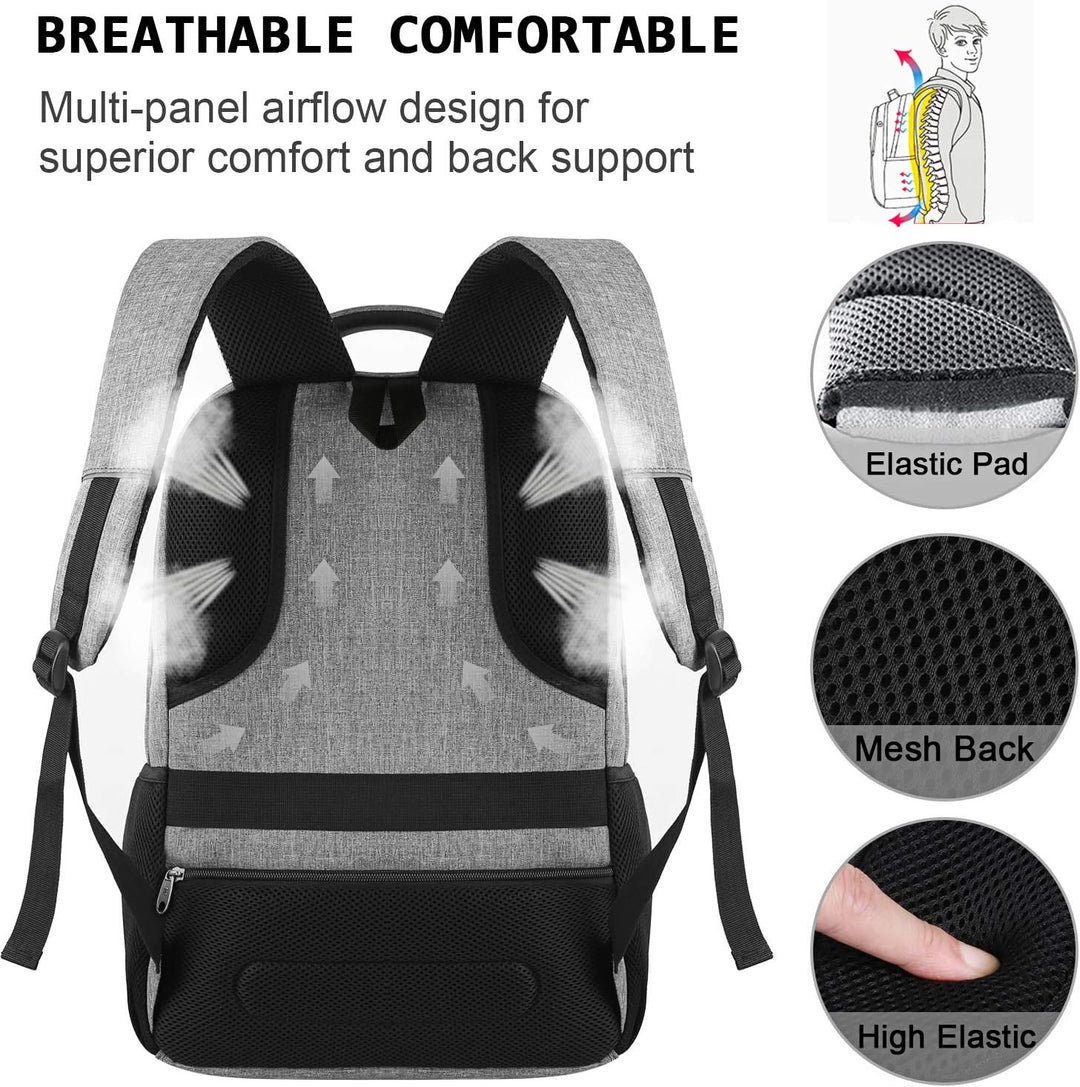 Laptop backpack with anti-theft features, displayed open to show charger bank slot for USB port functionality