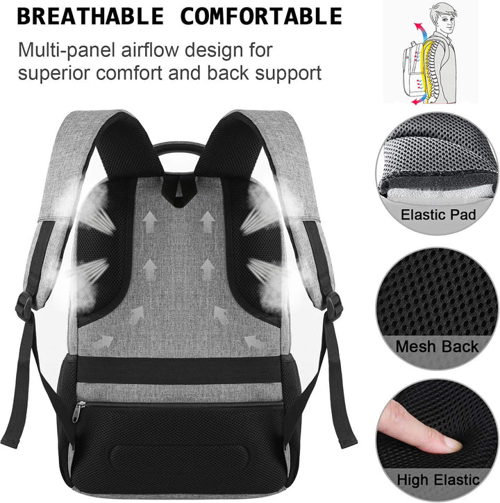 Laptop backpack with anti-theft features, displayed open to show charger bank slot for USB port functionality