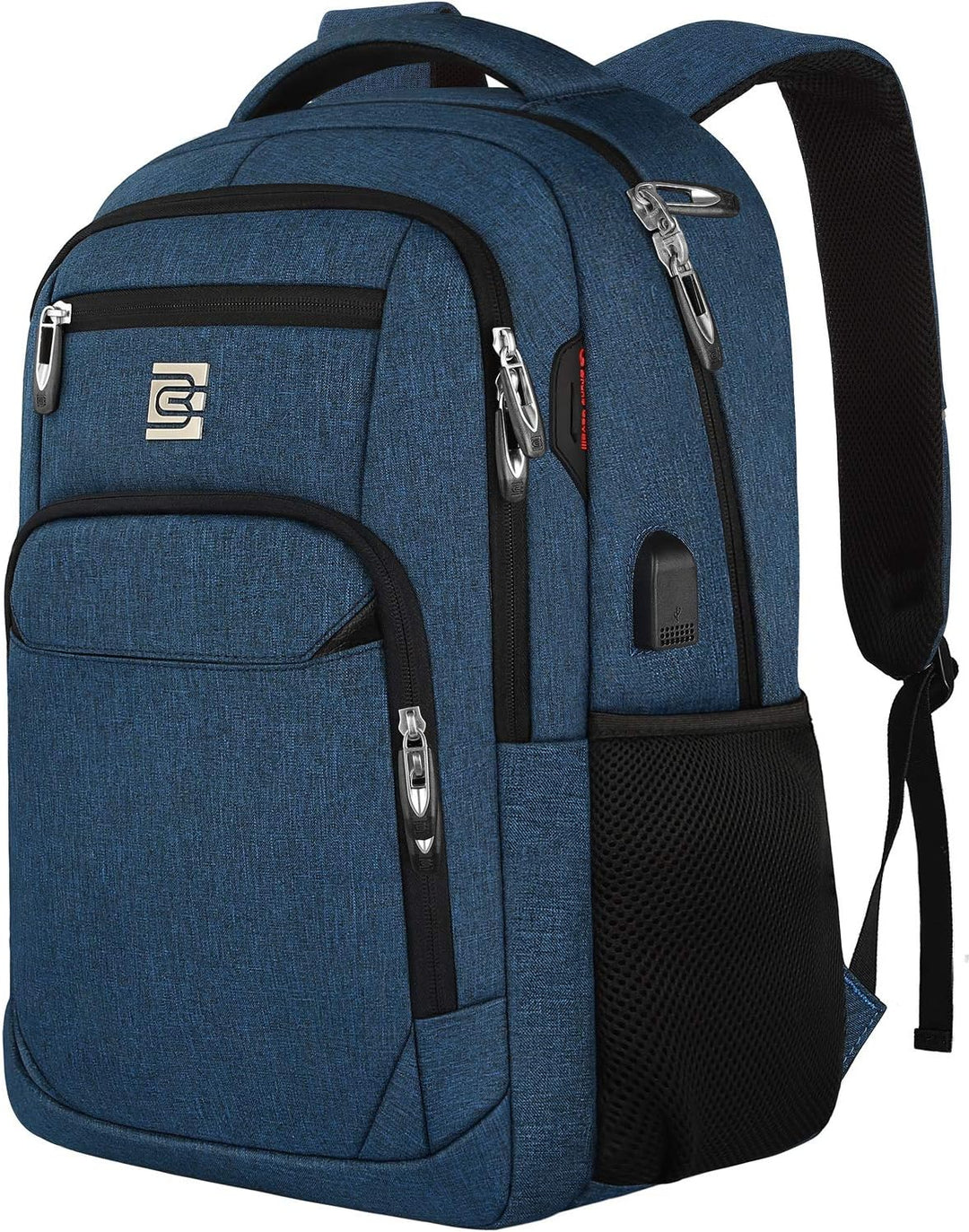 Model using tablet while laptop backpack with USB port charges phone, showing smart integration for daily use