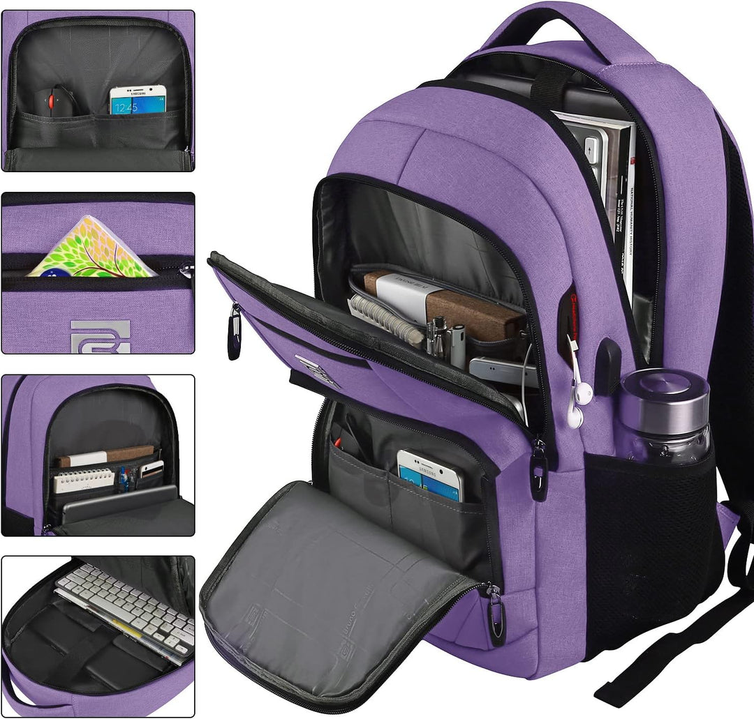 Back panel of a grey laptop backpack with anti-theft features, highlighting breathable mesh and padded straps