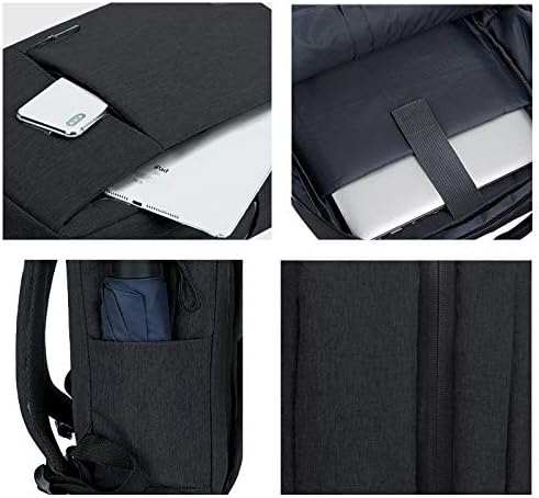 Interior view of unisex slim laptop backpack, featuring padded laptop sleeve and multiple compartments for organization
