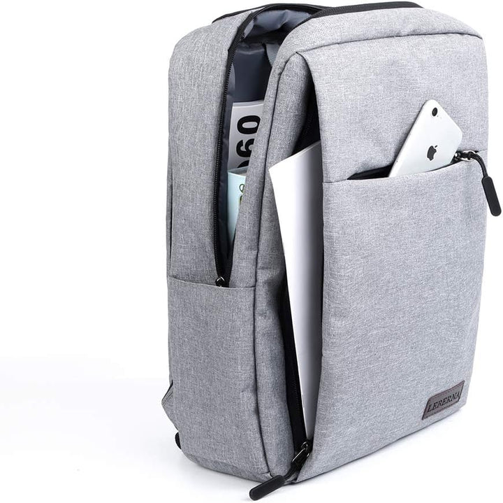 Multiple slim waterproof laptop backpacks lined up, displaying various colors like black, gray, and blue for unisex appeal