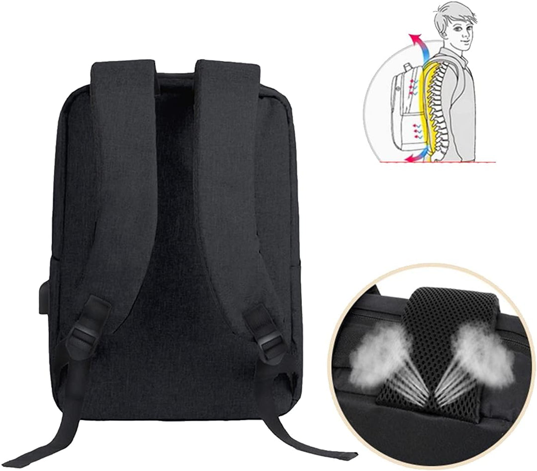 Sleek black waterproof laptop backpack, slim design. Features a USB port for convenient charging on the go.