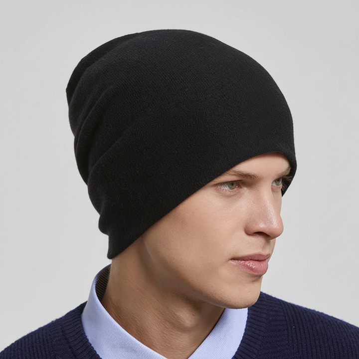 Model wearing a black unisex slouchy wool beanie, demonstrating its comfortable and casual style