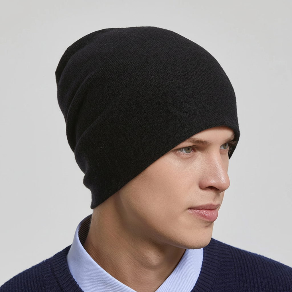 Side view of a model wearing a grey slouchy wool beanie, suitable for cold weather casual wear