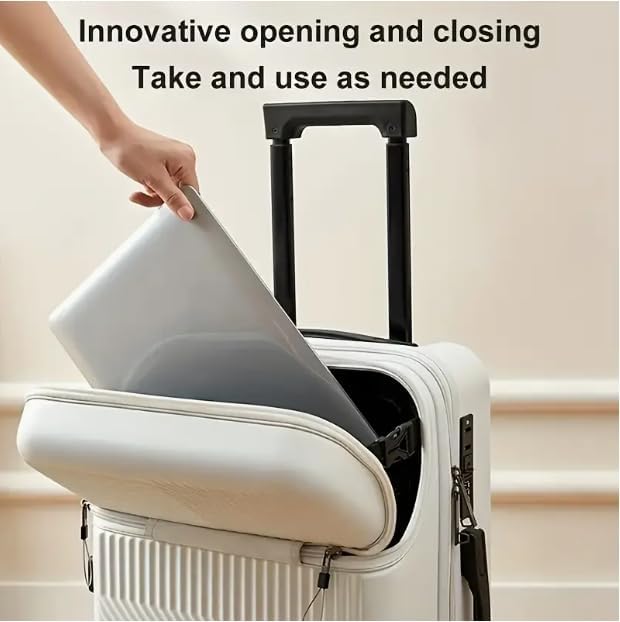 Detail of smart carry-on luggage with retractable cup holder and phone stand for travel convenience