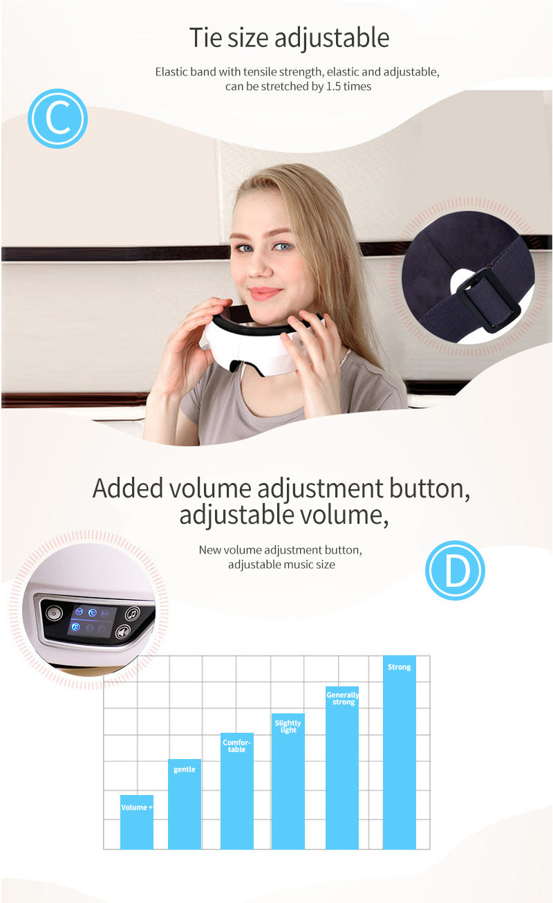 Portable eye massager with Bluetooth, providing vibrational and warm compression relief