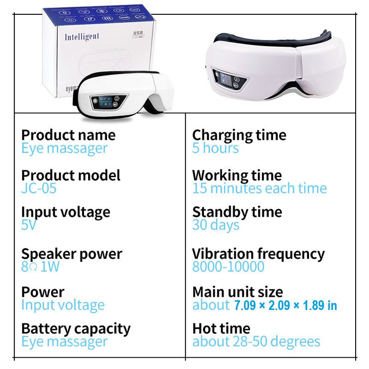 Eye massager for stress relief, portable with air pressure, heat, and music