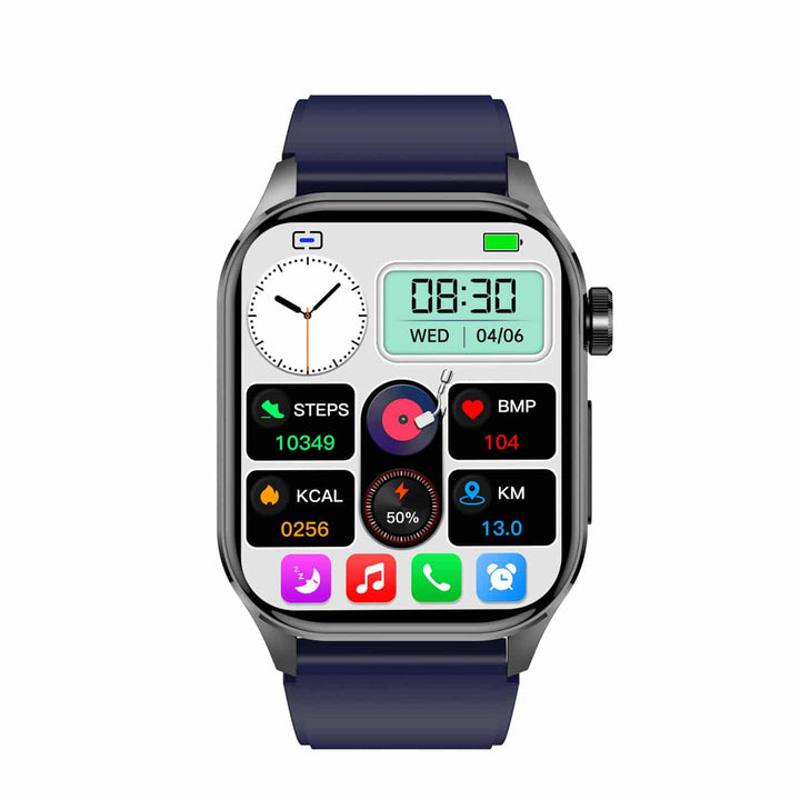 Stylish black unisex smartwatch monitoring blood pressure. A smart wearable health gadget.
