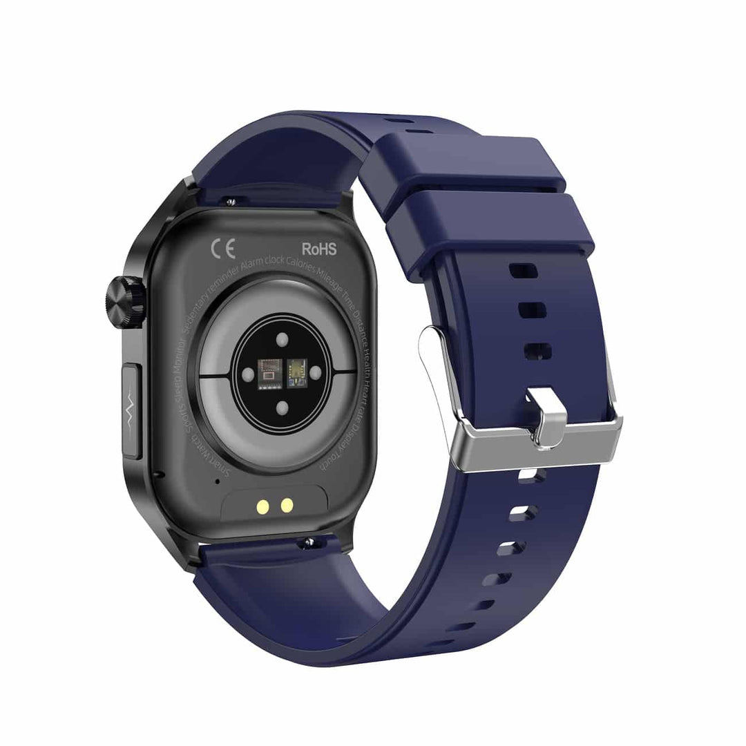 Smartwatch on a wrist showing heart rate. Unisex fitness tracker with ECG & BP monitoring.