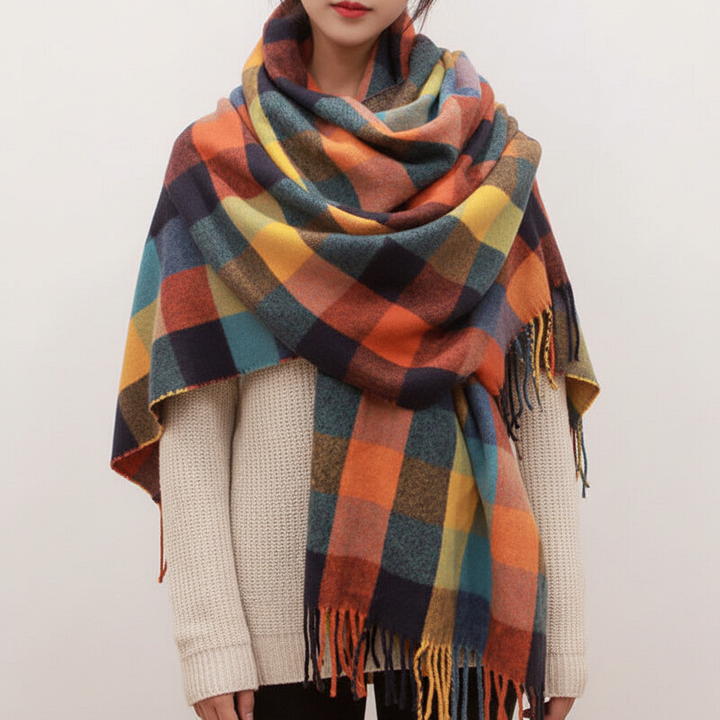 Soft grey cashmere scarf with a prominent diamond pattern, a versatile unisex winter fashion statement.