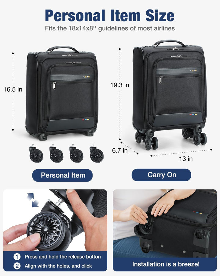 Smooth-rolling spinner wheels on this lightweight unisex softside carry-on suitcase, perfect for easy travel.