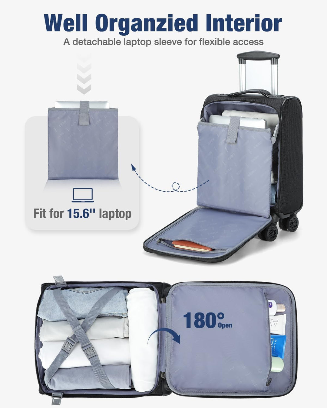Airline approved unisex softside carry-on suitcase with expandable design & durable spinner wheels for travel.