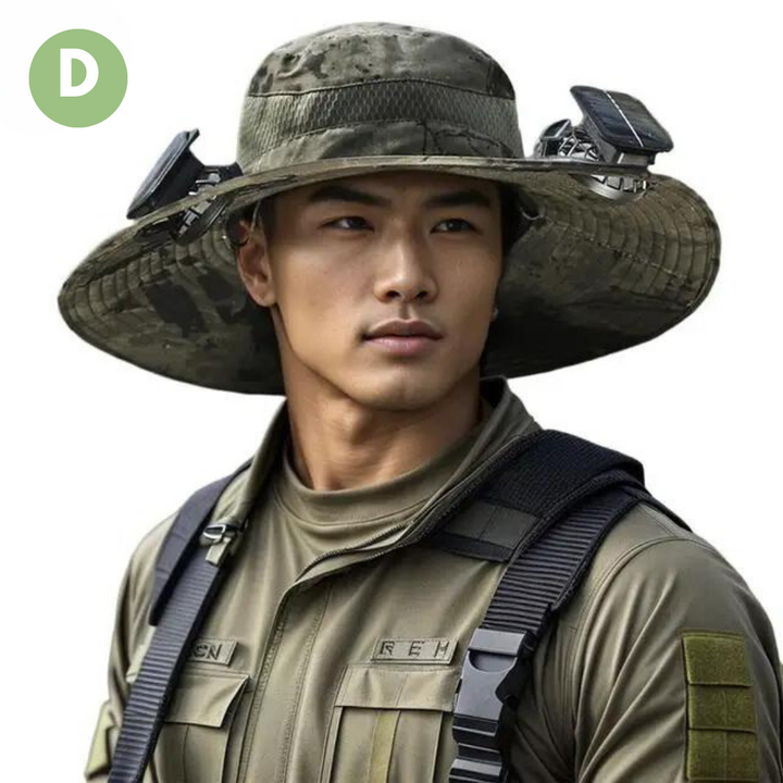 Person wearing solar fan sun hat, enjoying cool comfort & UV protection during outdoor activities.