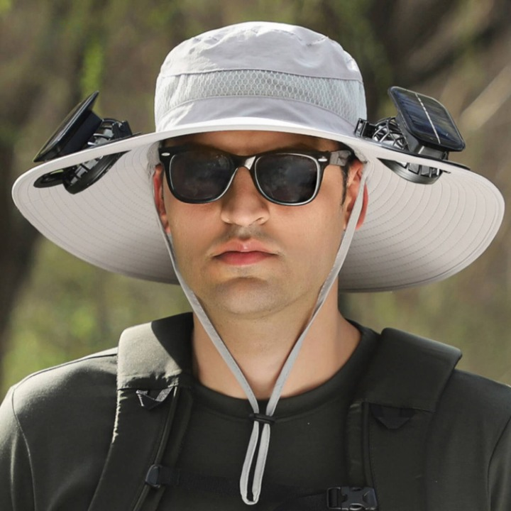 Adjustable unisex solar hat with built-in fan for cooling, perfect for hiking and fishing.