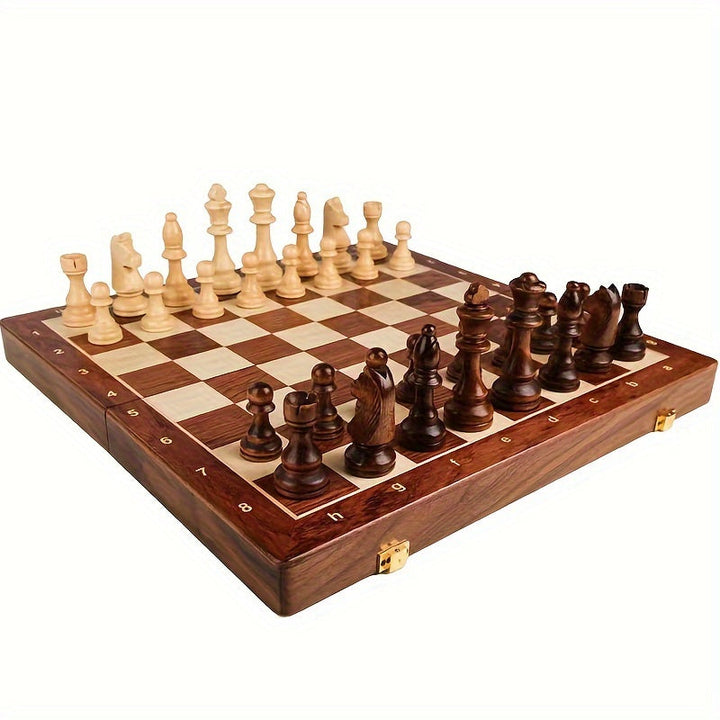 Unisex solid wood chess set opened, ready for a strategy game, ideal for travel and gifts.