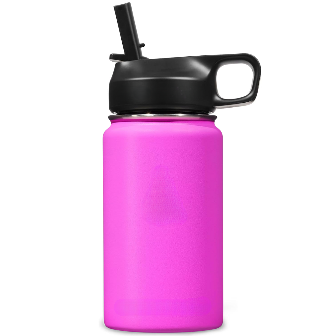Sleek stainless steel travel bottle, keeps drinks cold for 24h or hot for 12h.