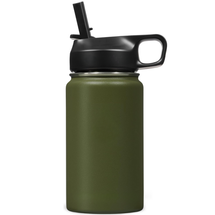 Stainless steel hydration bottle, designed with a straw for easy access.
