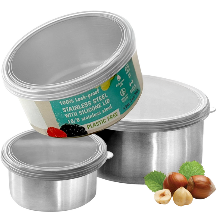 Unisex stainless steel lunch box set with 3 food containers (100ml, 200ml, 400ml) & lids. Perfect for meal prep.