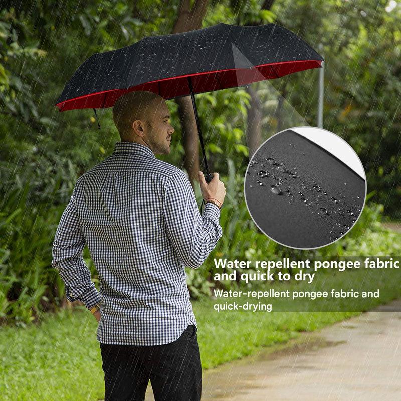 Unisex storm-proof folding umbrella, held in hand, conveying ease of use and portable rain protection